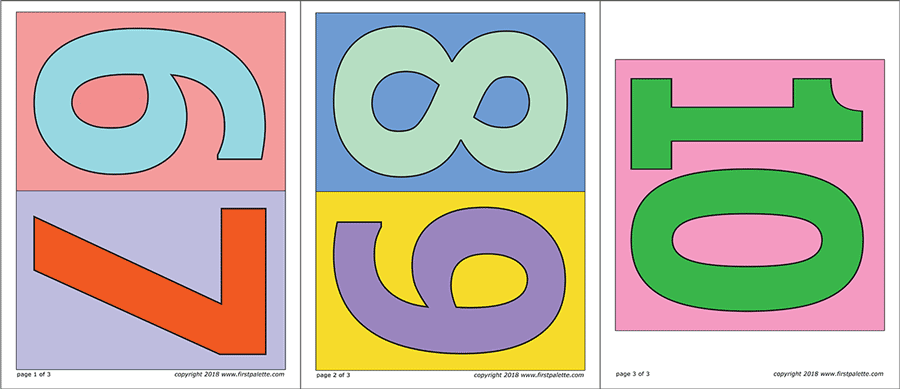 Printable Large Colored Numbers with Background - Set 2 (Numbers 6 to 10)
