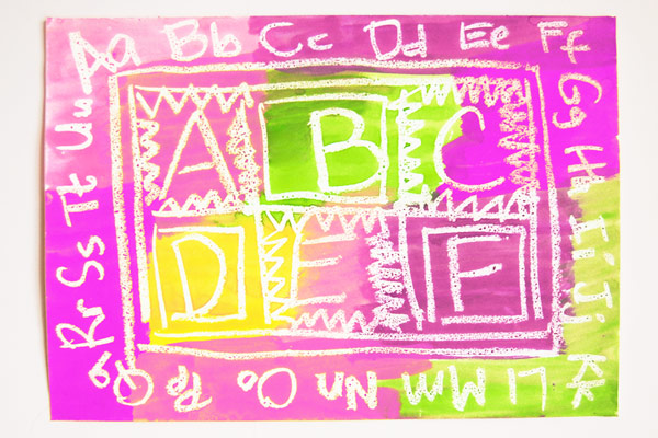 Crayon Resist Lines - MORE IDEAS - Practice alphabet and numbers.