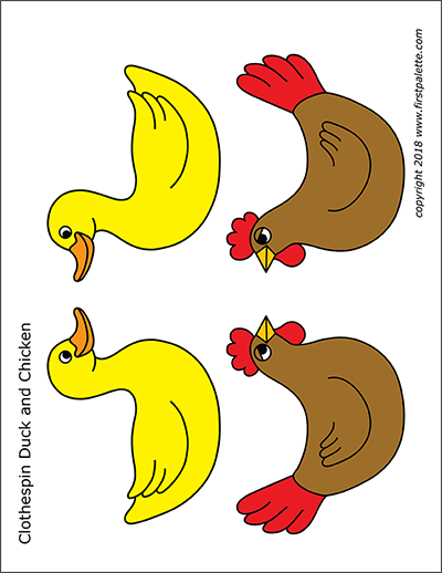 Printable Colored Clothespin Duck and Chicken