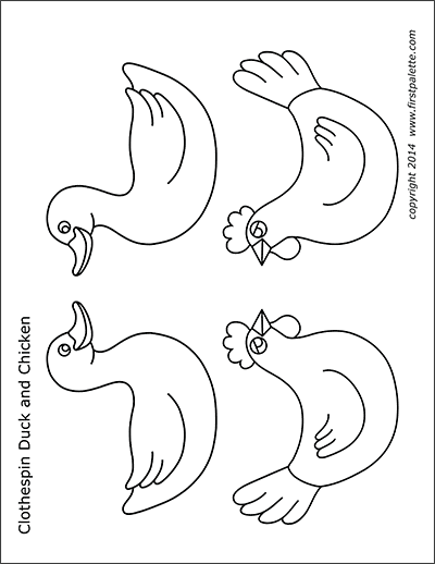 Printable Clothespin Duck and Chicken Coloring Page