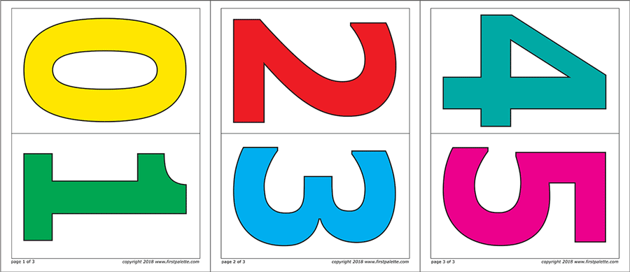 Printable Large Colored Numbers - Set 1 (Numbers 0 to 5)